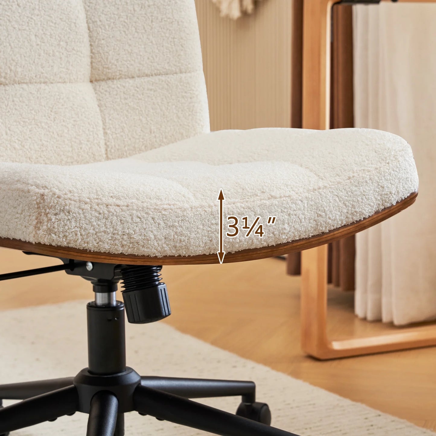 Modern Walnut Office Chair, Wide Seat Swivel Task Chair, Armless Ergonomic Chair with Wheels for Home Office, Bedroom, Ivory White
