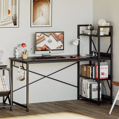 IRONCK Home Office Computer Desk 55" with Power Outlet & Storage Shelves, Study Writing Table Black