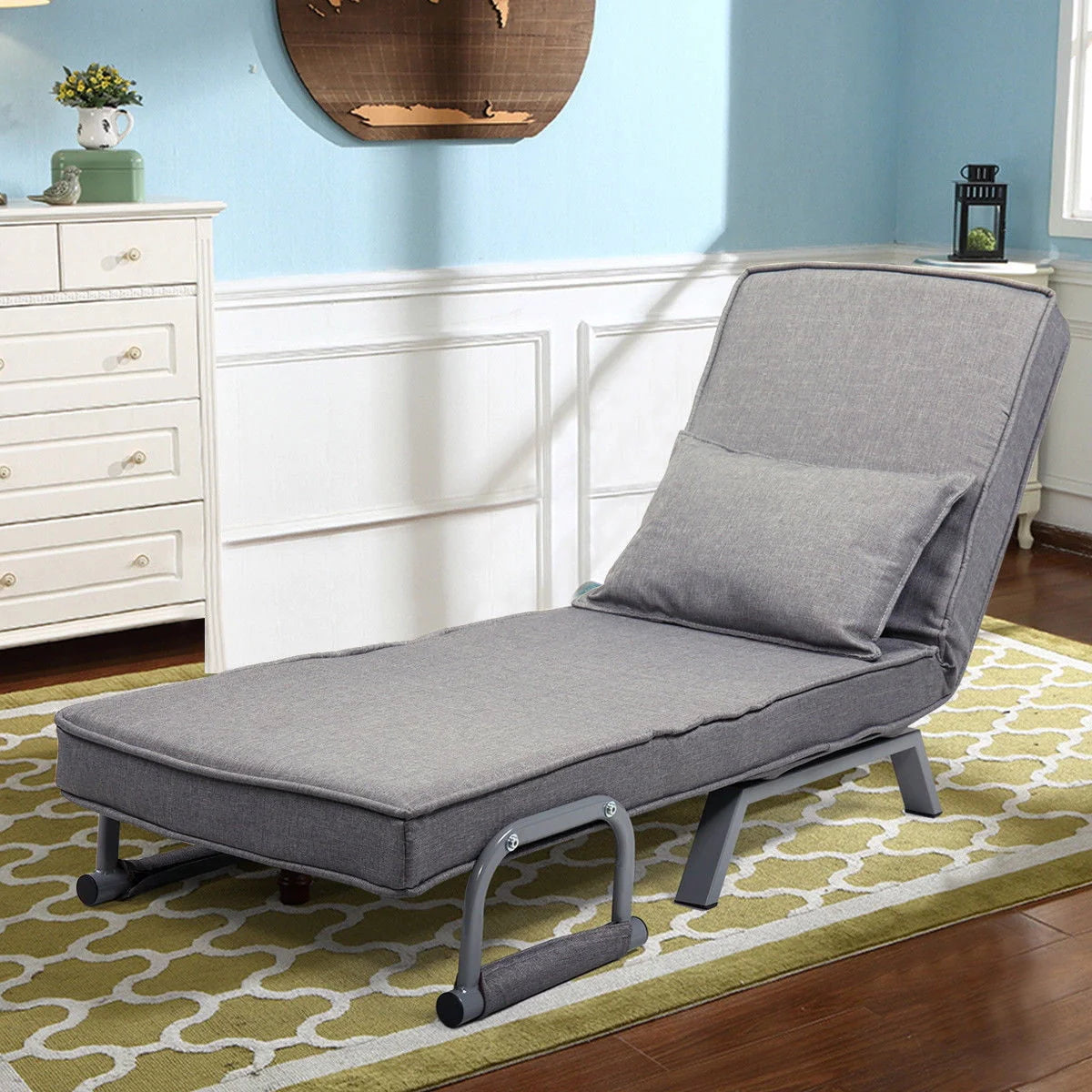 Cfowner Convertible Sofa Bed Sleeper Chair, 5 Position Adjustable Backrest, Folding Arm Chair Sleeper w/Pillow, Upholstered Seat, Leisure Chaise Lounge Couch for Home Office