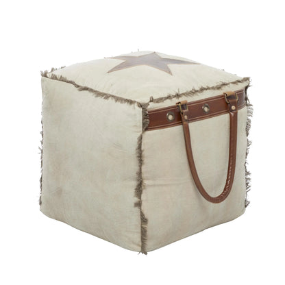 DecMode Rustic and Organic Square Ottoman Fabric Pouf features White Canvas and Brown Leather Handles with "Lonely Wolf" and Star Designs, 20"W x 19"H