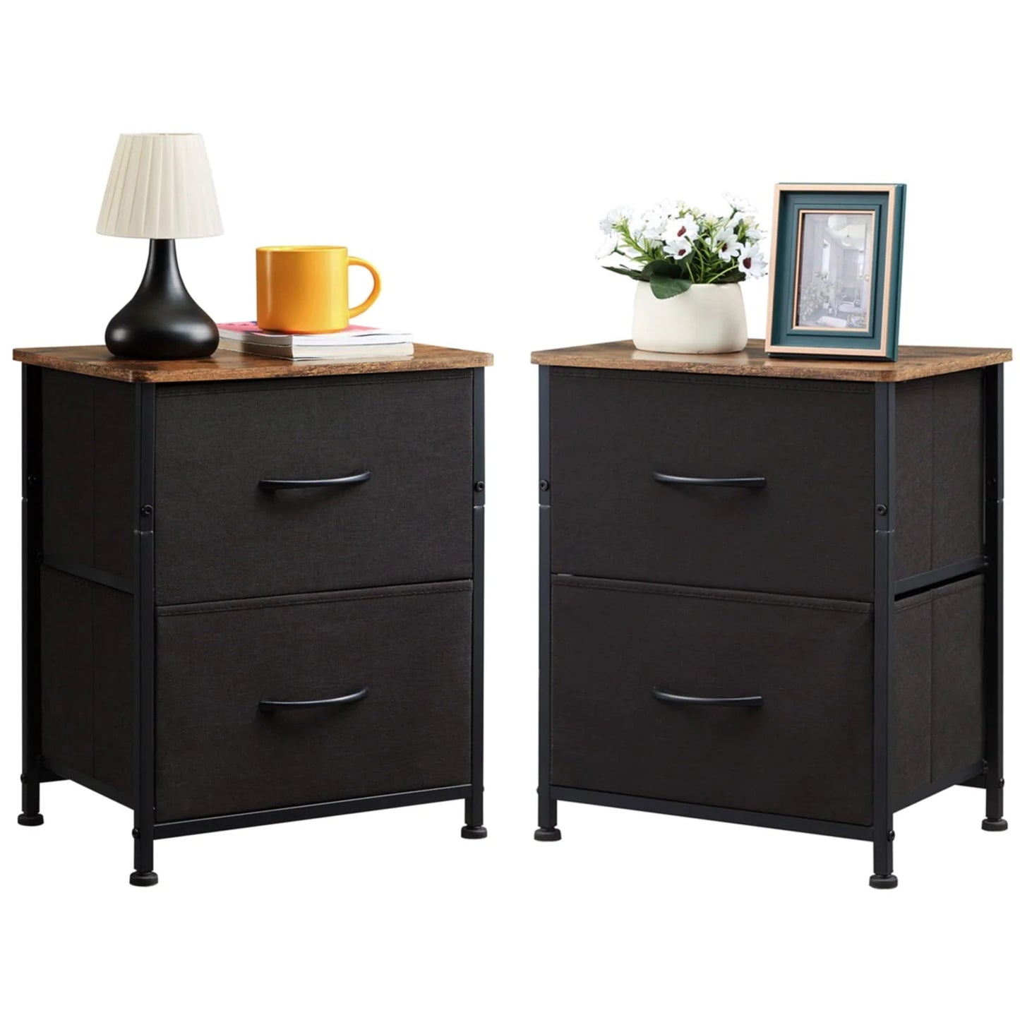 Somdot Small Dresser with 2 Drawers Set of 2, Nightstands Bedside Table with Removable Fabric Bins for Bedroom Office Laundry Closet Entryway Hallway Nursery Room,Black/Rustic Brown