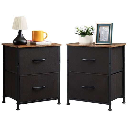 Somdot Small Dresser with 2 Drawers Set of 2, Nightstands Bedside Table with Removable Fabric Bins for Bedroom Office Laundry Closet Entryway Hallway Nursery Room,Black/Rustic Brown