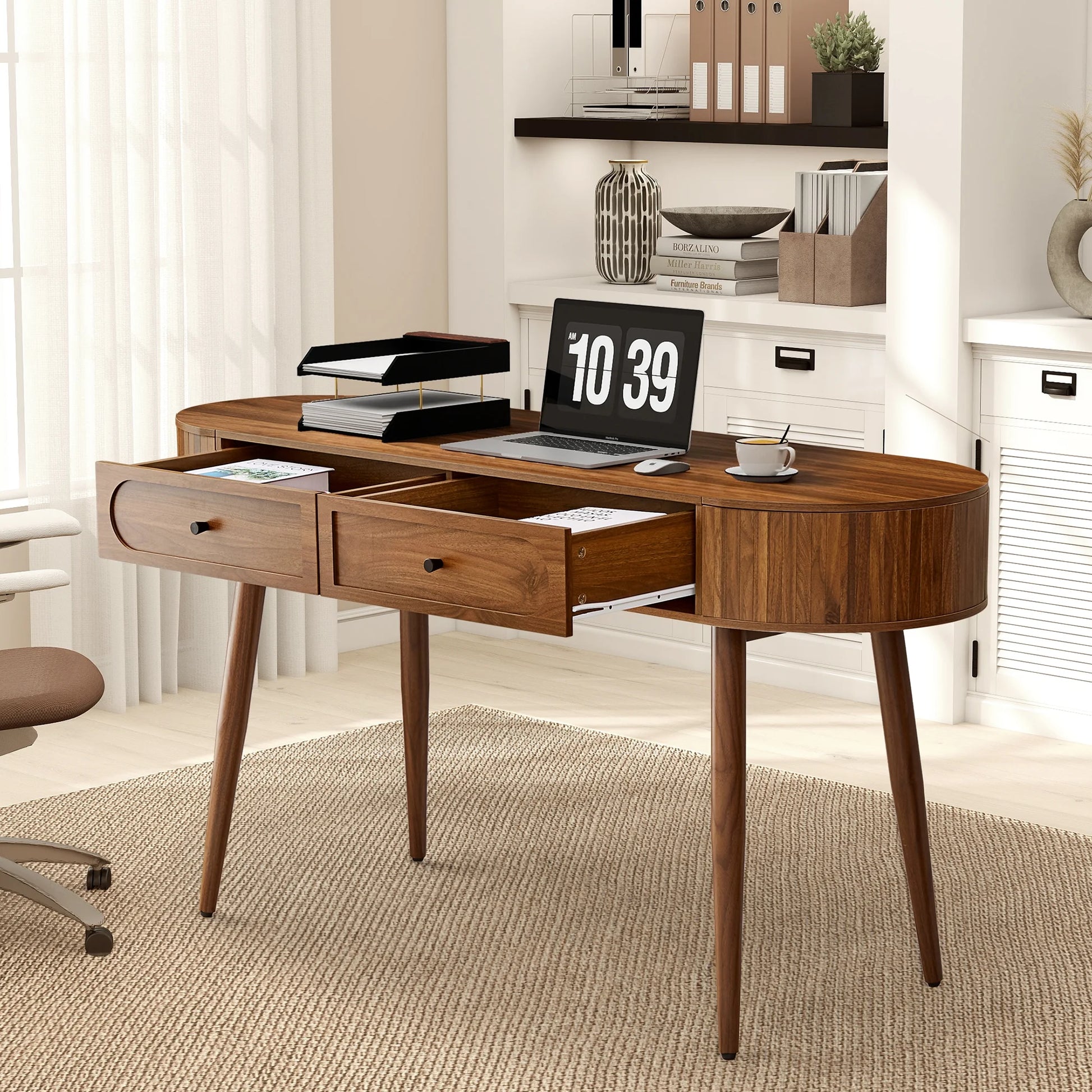 YOCWO Modern Home Office Desk with 2 Drawers and 2 Fflip-top Storage, Oval Computer PC Desk Table, Vanity Desk with Fluted Curved Table Edge, Walnut