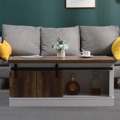 Ansley& HosHo Farmhouse Coffee Table with Sliding Barn Doors & Storage, Antique Wood Living Room Center Table, Rustic Industrial Cocktail Table for Bedroom Home Office, White+Dark Walnut