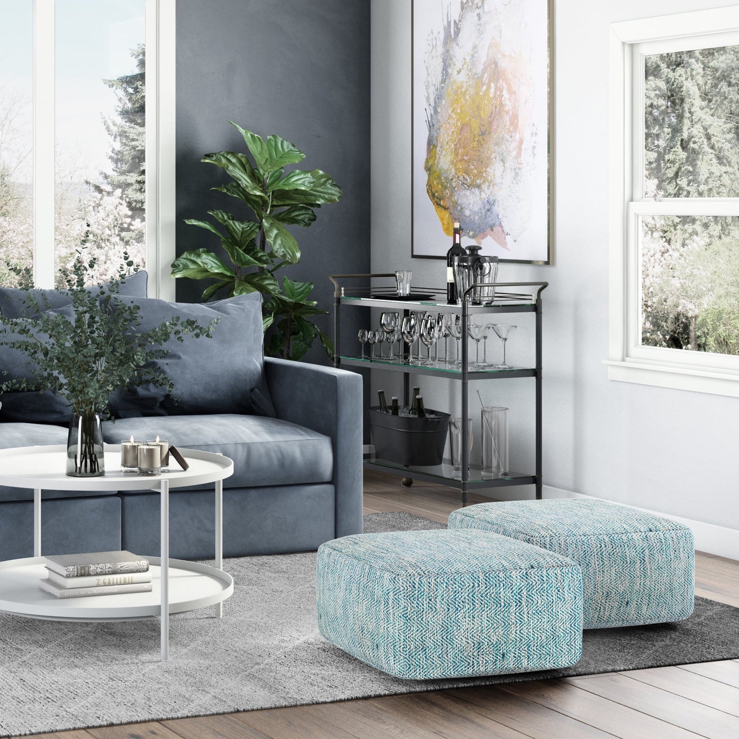 Simpli Home Nate 20 inch Wide Boho Square Pouf in Patterned Teal Mlange Cotton
