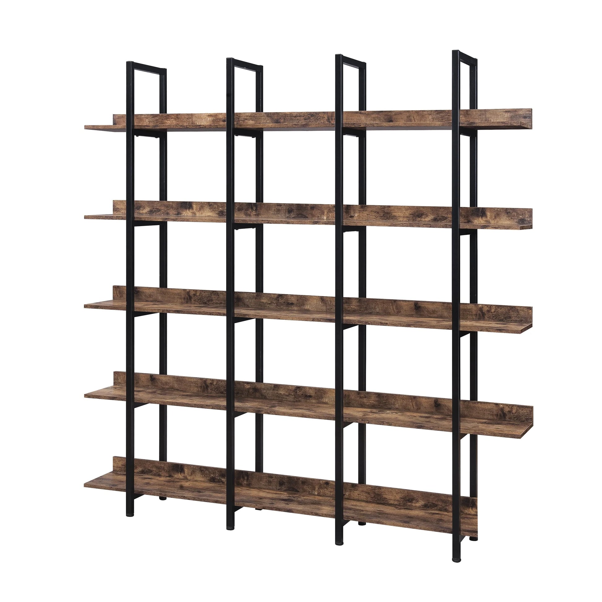 Bellemave 5 Tier Large Open Bookshelf, Home Office Display Shelves with Metal Frame, Vintage Industrial Bookcases with Back Fence, High-quality MDF Board (Brown)