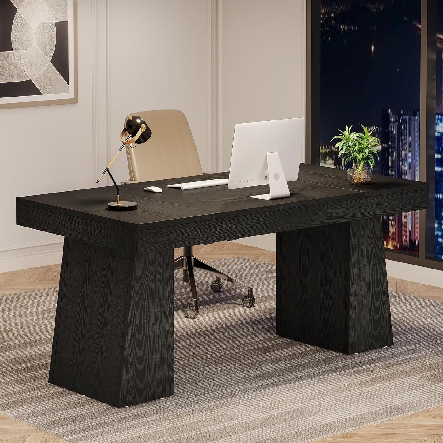 Tribesigns 55 Inches Executive Desk, Mid-Century Modern Home Office Desk with Double Trapezoid Base