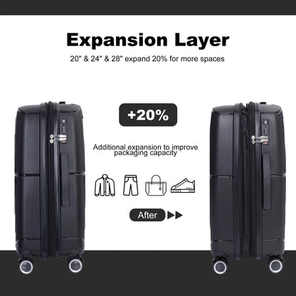 3 Pieces Luggage Set (20/24/28), Expandable PP Lightweight Hardshell Durable Suitcase with 4 Double 360 Degrees Mute Spinner Wheels and TSA Lock for Men Women, Black
