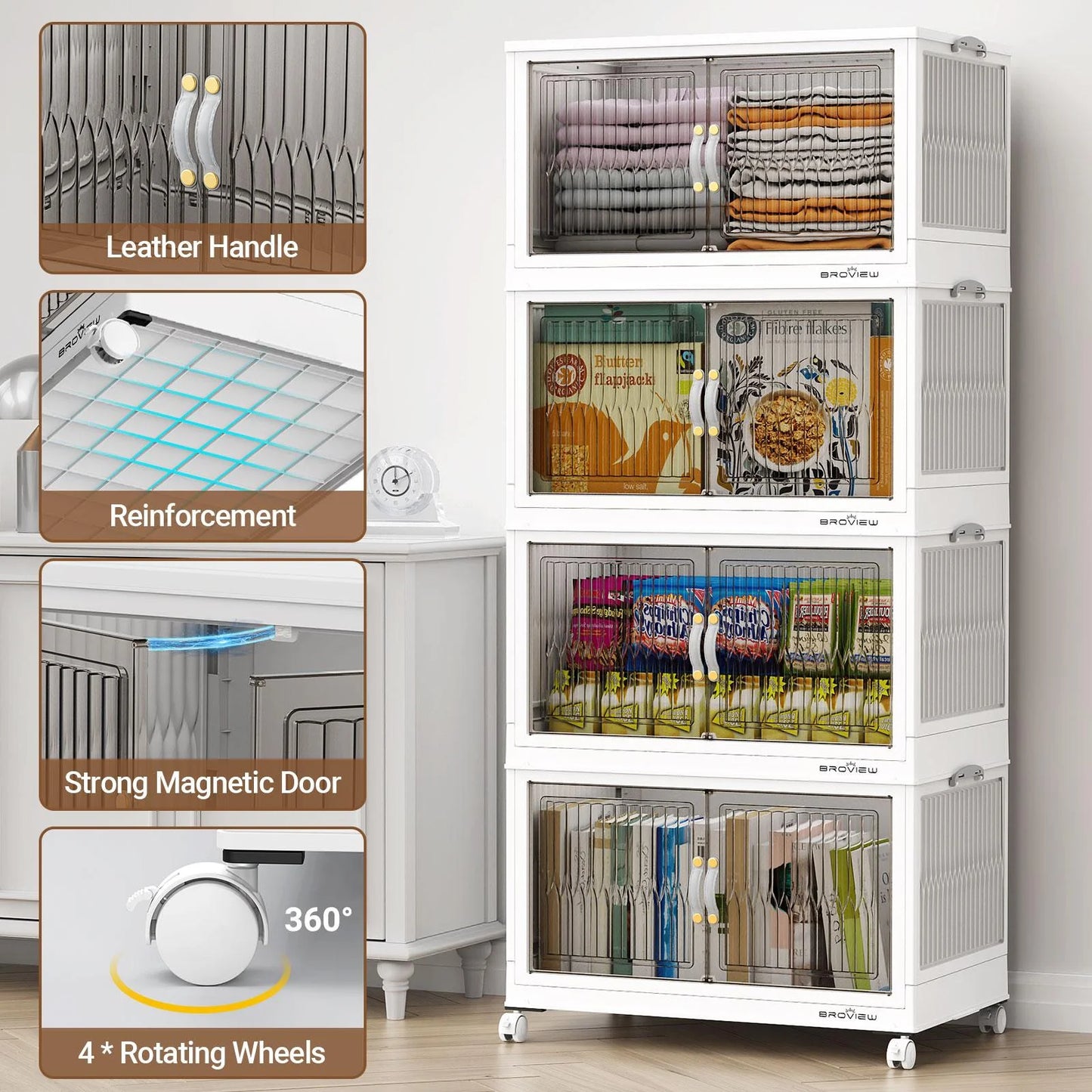 BROVIEW 150Gal Large Storage Bins with Lid, 600Qt Plastic Stackable Closet Organizer and Storage, Collapsible Storage Box with Wheels, Folding Storage Cabinet Containers for Home Office, 3Pack White