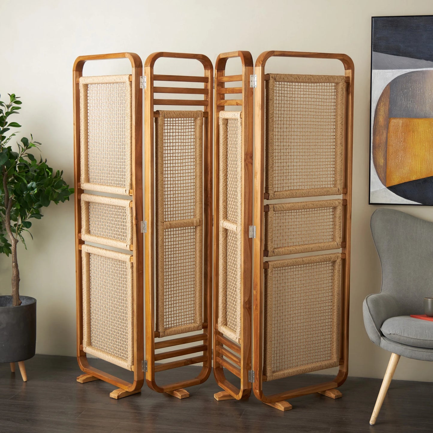 DecMode 79" x 70" Brown Teak Wood Handmade Foldable Partition 4 Panel Room Divider Screen with Woven Rattan Panels, 1-Piece