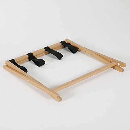 M& T Displays Beech Wood Folding Luggage Rack Travel Suitcase Stand with Woolen Strips for Home Hotel Gym Spa Guest Room 200 lbs Carriage Capacity Natural Wood 18x30 Inches