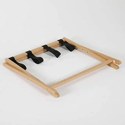 M& T Displays Beech Wood Folding Luggage Rack Travel Suitcase Stand with Woolen Strips for Home Hotel Gym Spa Guest Room 200 lbs Carriage Capacity Natural Wood 18x30 Inches
