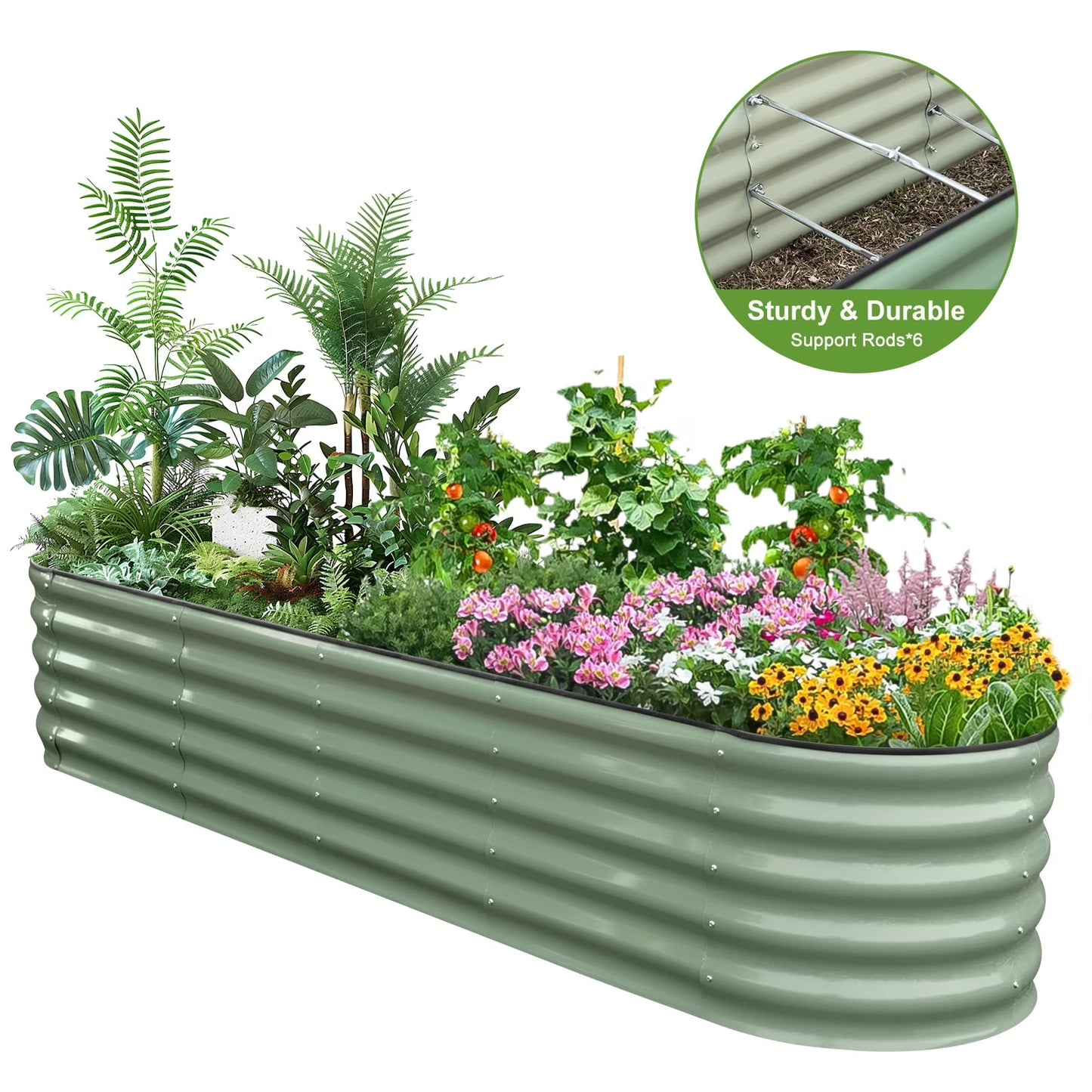 HOOFUN 17" Tall Metal Raised Garden Bed, 9 in 1 Garden Raised 8ftX2ft Garden Bed Kits for Vegetables Flowers, Oval Outdoor Planter Box w/6 Support Bars - Olive Green