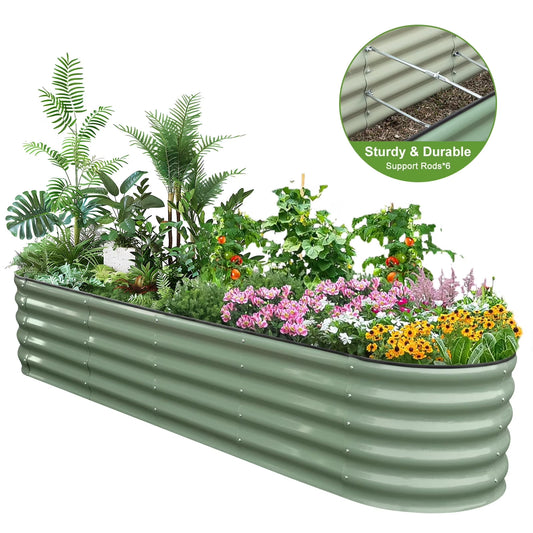 HOOFUN 17" Tall Metal Raised Garden Bed, 9 in 1 Garden Raised 8ftX2ft Garden Bed Kits for Vegetables Flowers, Oval Outdoor Planter Box w/6 Support Bars - Olive Green