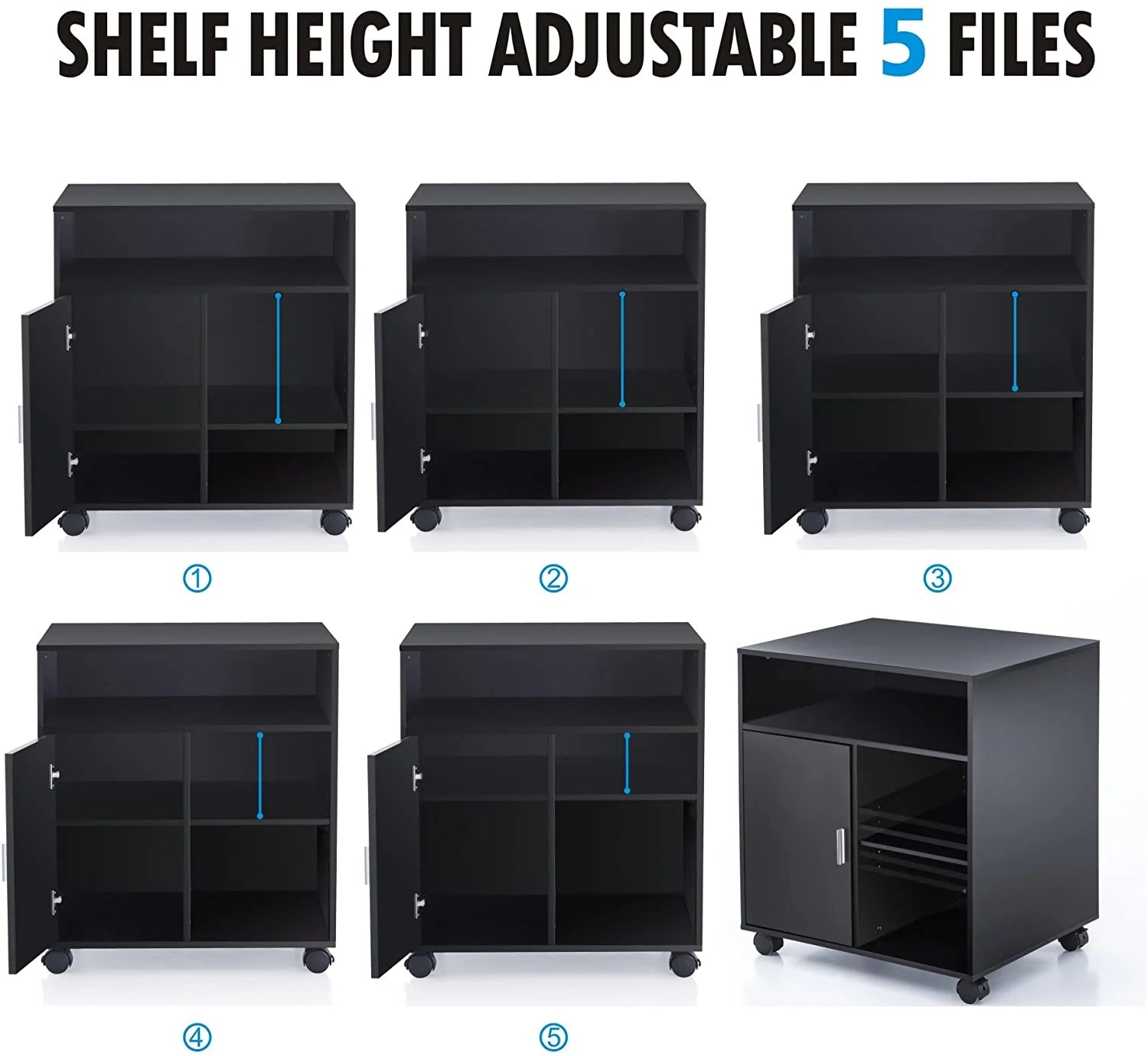 FITUEYES Printer Stand with Storage Adjustable Shelves, Wood Mobile Cart with Door, Rolling File Cabinet on Wheels for Home Office, Black