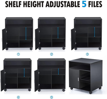 FITUEYES Printer Stand with Storage Adjustable Shelves, Wood Mobile Cart with Door, Rolling File Cabinet on Wheels for Home Office, Black