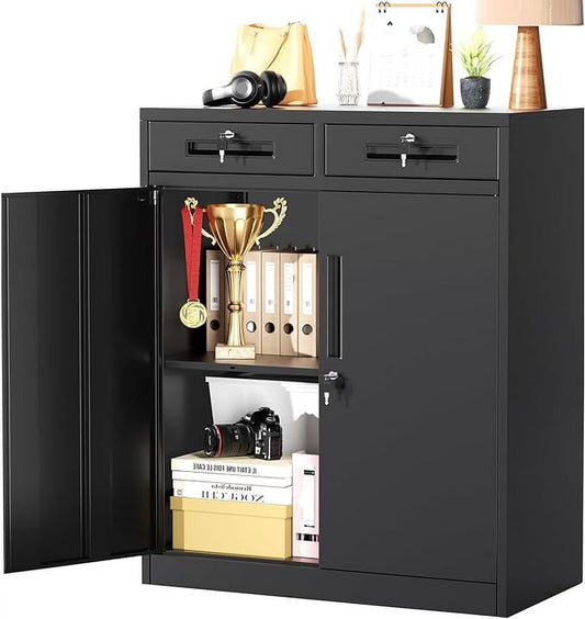 SOLAURA Metal Storage Cabinet with 2 Drawers,36" Black Metal Cabinets with Locking Doors and Adjustable Shelves for Home Office, Garage, Apartment