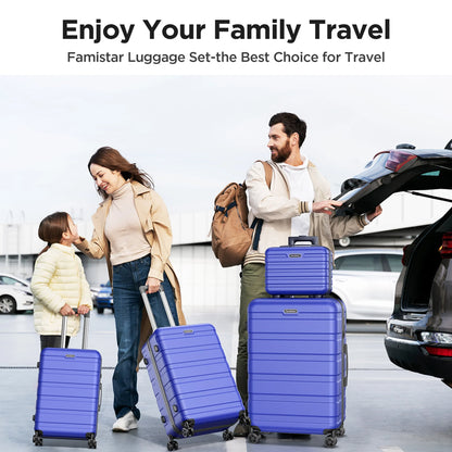 Famistar Hardside Luggage Suitcase 4 Piece Set with 360° Double Spinner Wheels Integrated TSA Lock, 14°?Travel Case, 20" Carry-On Luggage, 24" Checked Luggage and 28" Checked Luggage, Blue