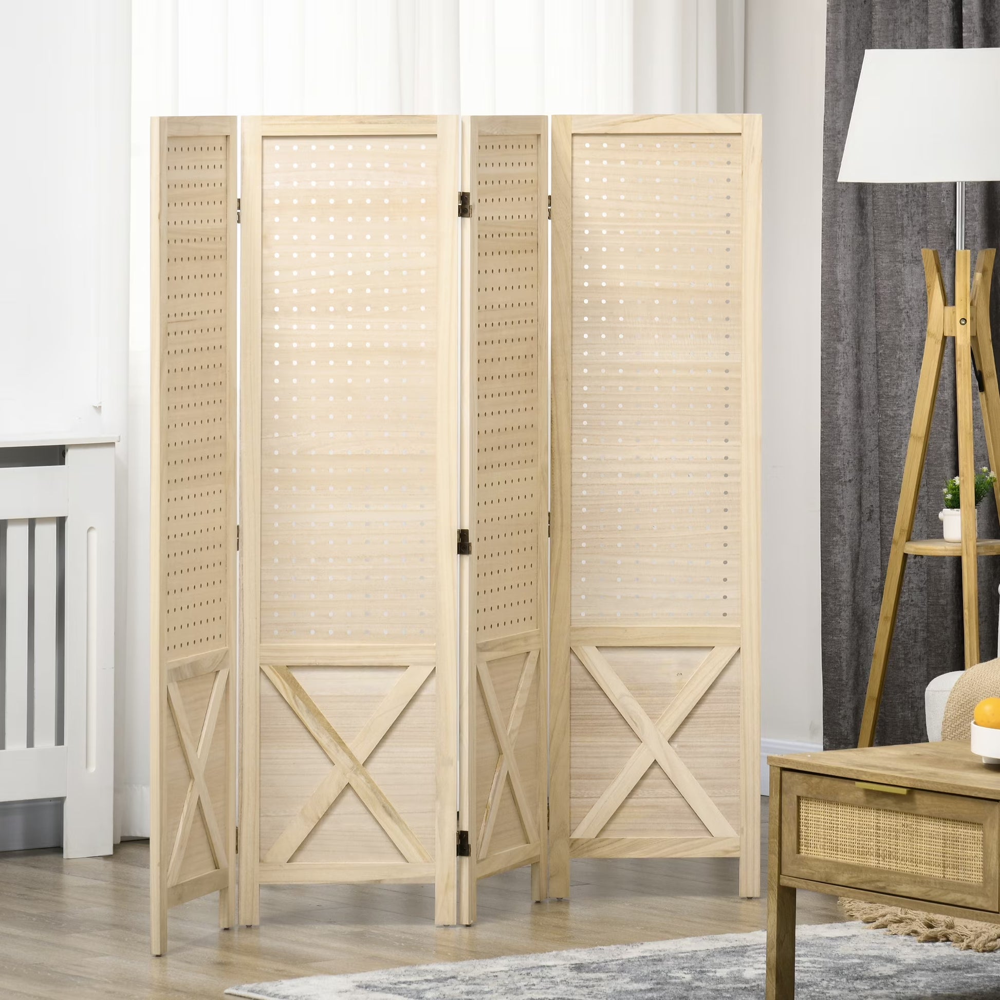 HOMCOM 4.7' 3 Panel Room Divider with Pegboard Display for Indoor, Natural