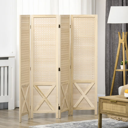 HOMCOM 4.7' 3 Panel Room Divider with Pegboard Display for Indoor, Natural