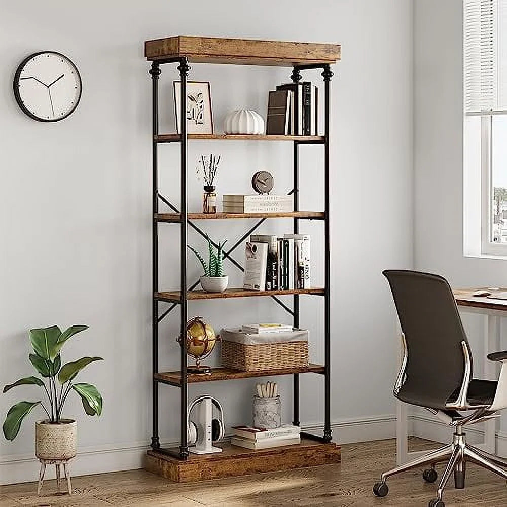 Maritcute 6 Tier Bookshelf Industrial Bookcase Wood Storage Open Rack Shelf Metal Frame Rustic Tall Standing Bookshelves Large Vintage Display Rack for Bedroom,Living Room and Home Office