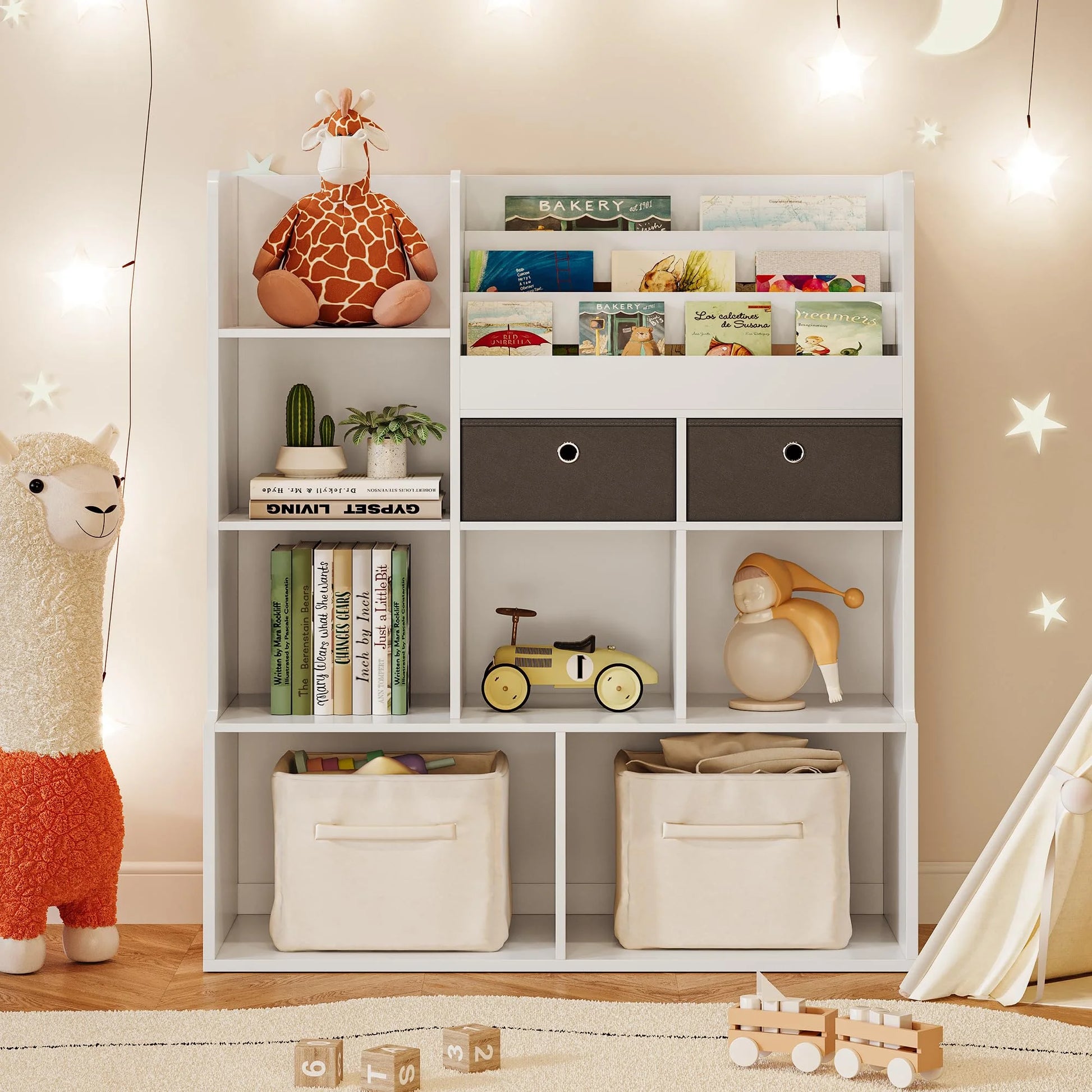 Toy Storage Organizer 47.8in Kids Bookshelf with Drawers Modern Bookcase with Cubbies Floor Storage Cabinet Wooden Toy Chest Playroom, Classroom, Nursery, Kids Room (White)