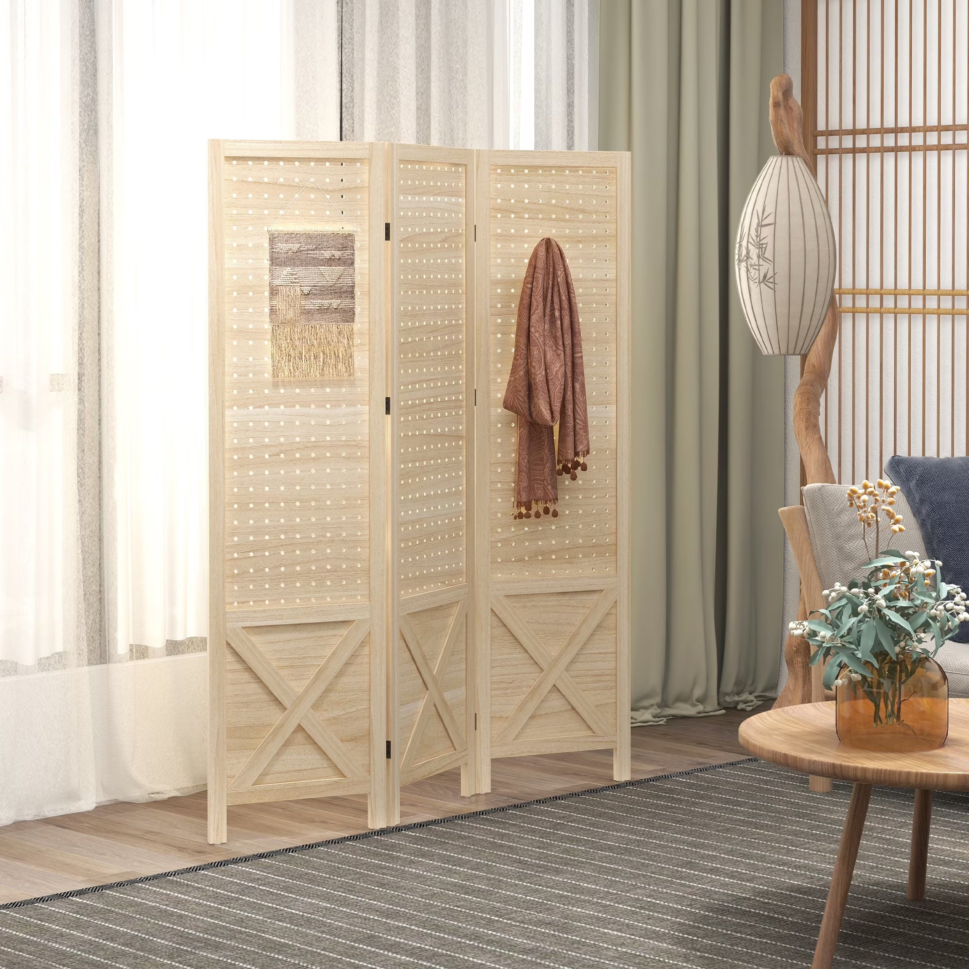 HOMCOM 4.7' 3 Panel Room Divider with Pegboard Display for Indoor, Natural
