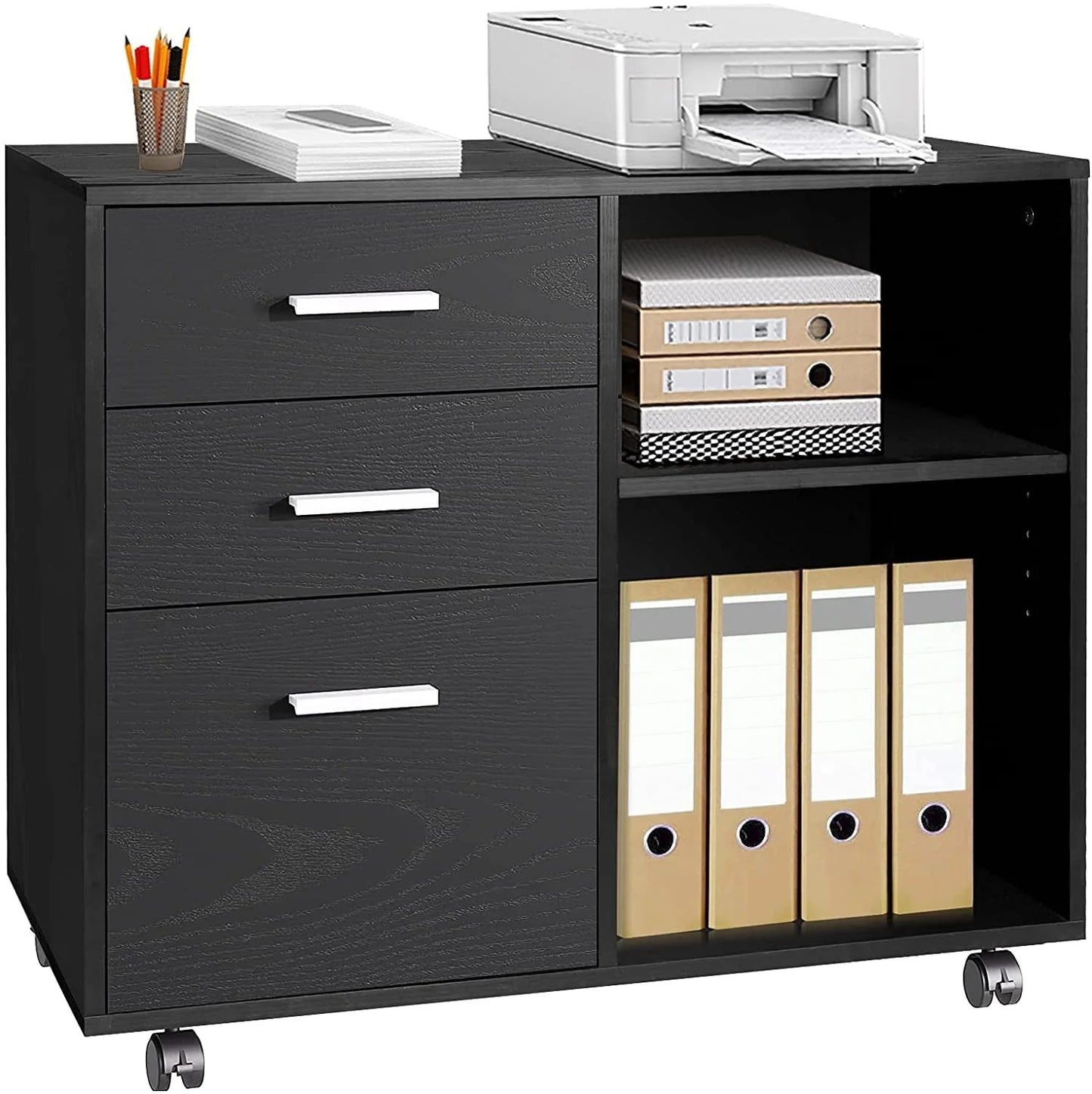 Richya Wood File Cabinet , Printer Stand with Open Storage Shelf, 3-Drawer File Cabinet, Home Office White