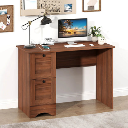 BHUIK Vintage Computer Desk with Charging Station, 43" Home Office Writing Table with 3 Drawers, USB & Type-C Ports, Wooden Study Workstation for Small Spaces, Walnut