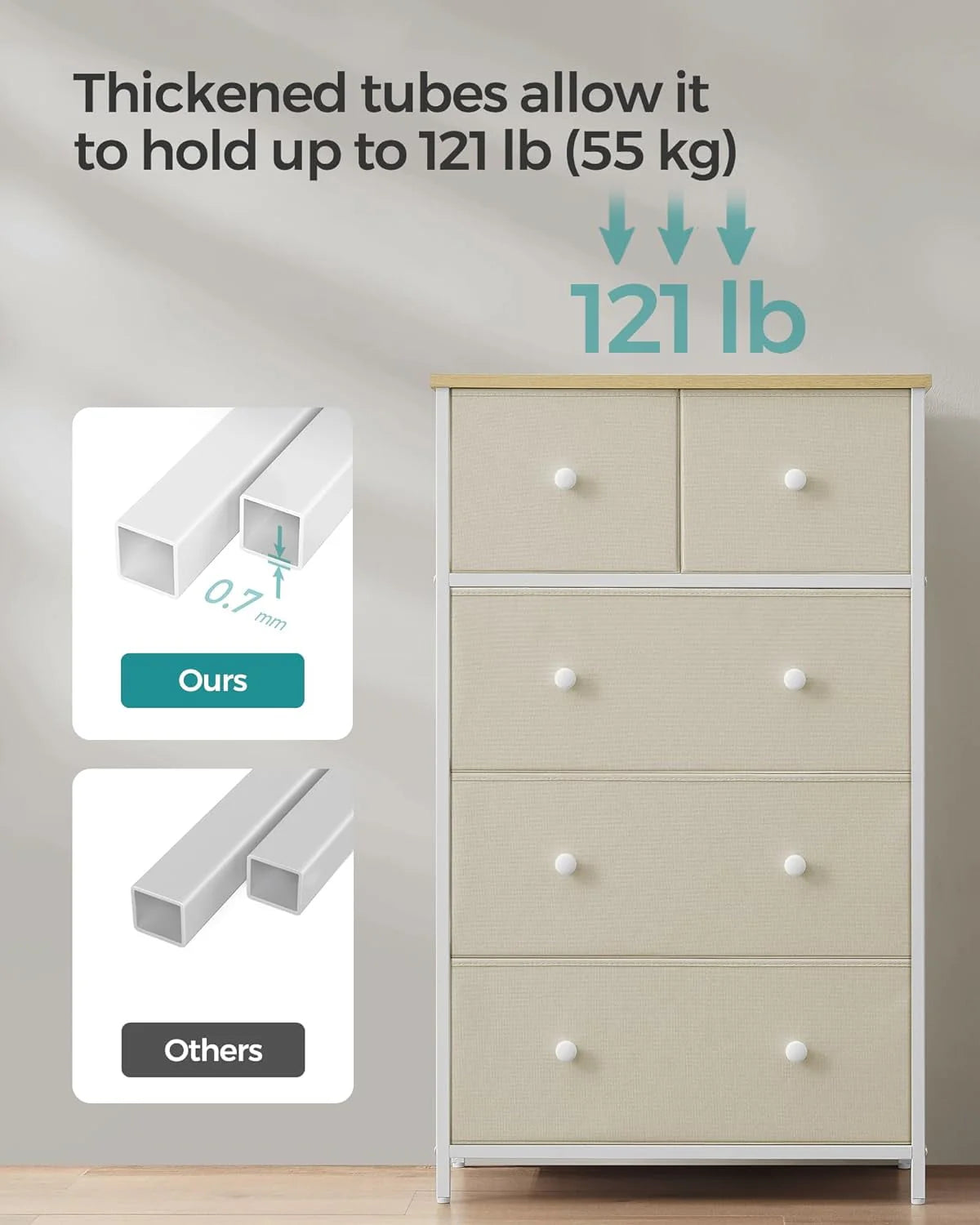 SONGMICS 5 Fabric Drawers Dresser Storage Tower with Unit for-Living-Room Hallway-Nursery Camel Yellow + Cream White