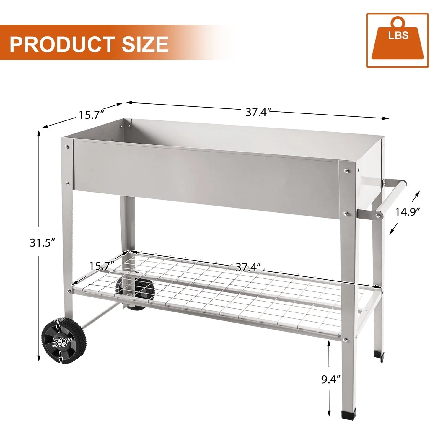 Pushable Grey Metal Raised Garden Bed, Outdoor/Indoor Garden Pots with Handles, Wheels and Shelves, Apartment Patio Stand for Vegetables Flowers Fruits from EXCITED WORK-37.5 inches Long