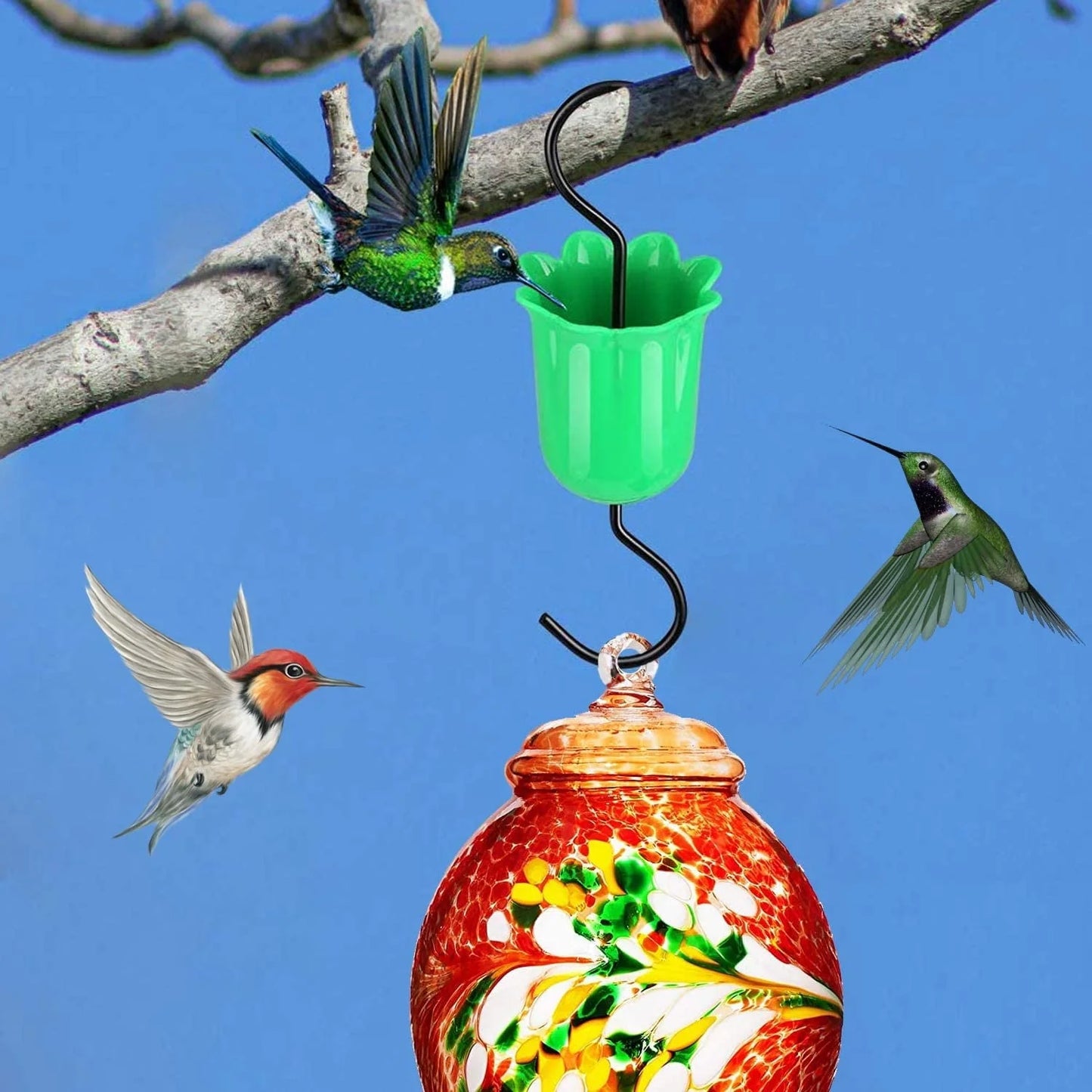 Large Ant Moat Guard for Hummingbird Feeders Accessory Hooks , 8 Pack Flower Hummingbird Oriole Nectar Feeders Parts for Outdoors , 4 Moat Hooks , 4 Clean Brushes