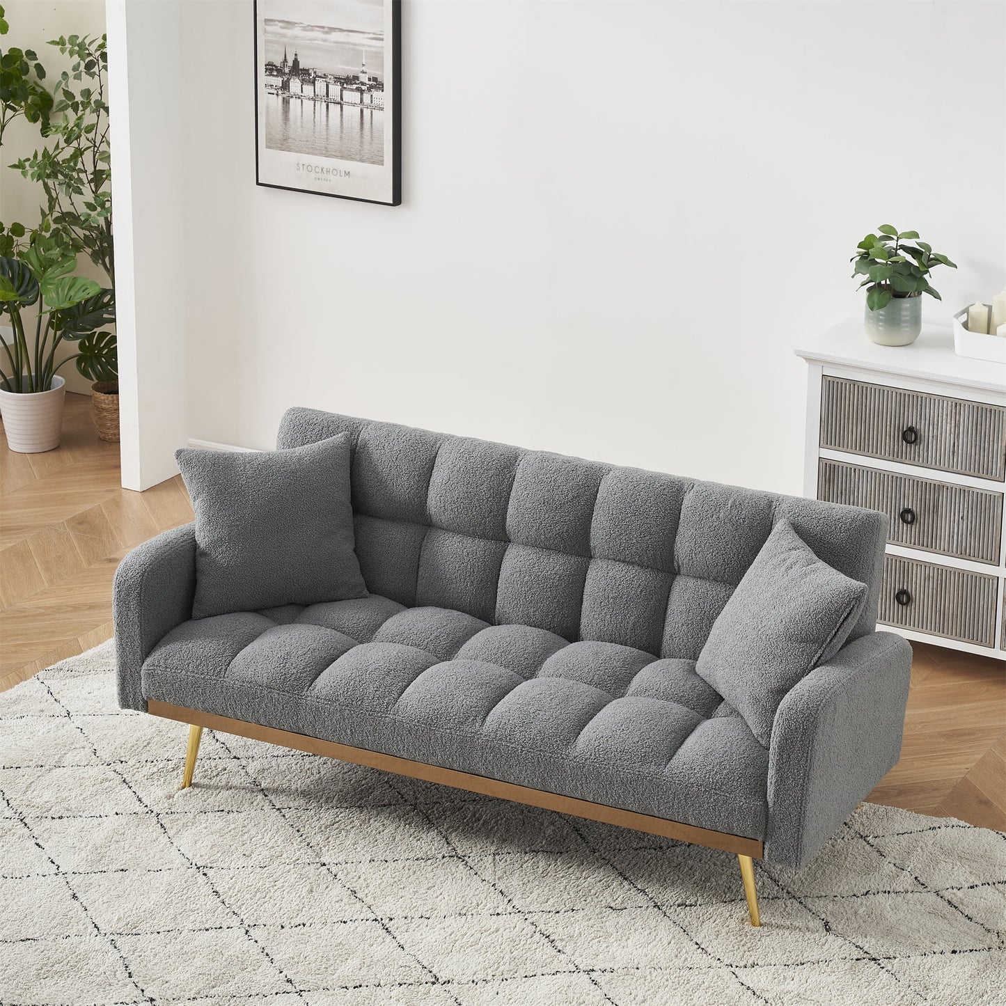 Aukfa Square Tufted Futon Convertible Sofa Bed for Home Office, 2 Pillows, Teddy Fleece, Gray