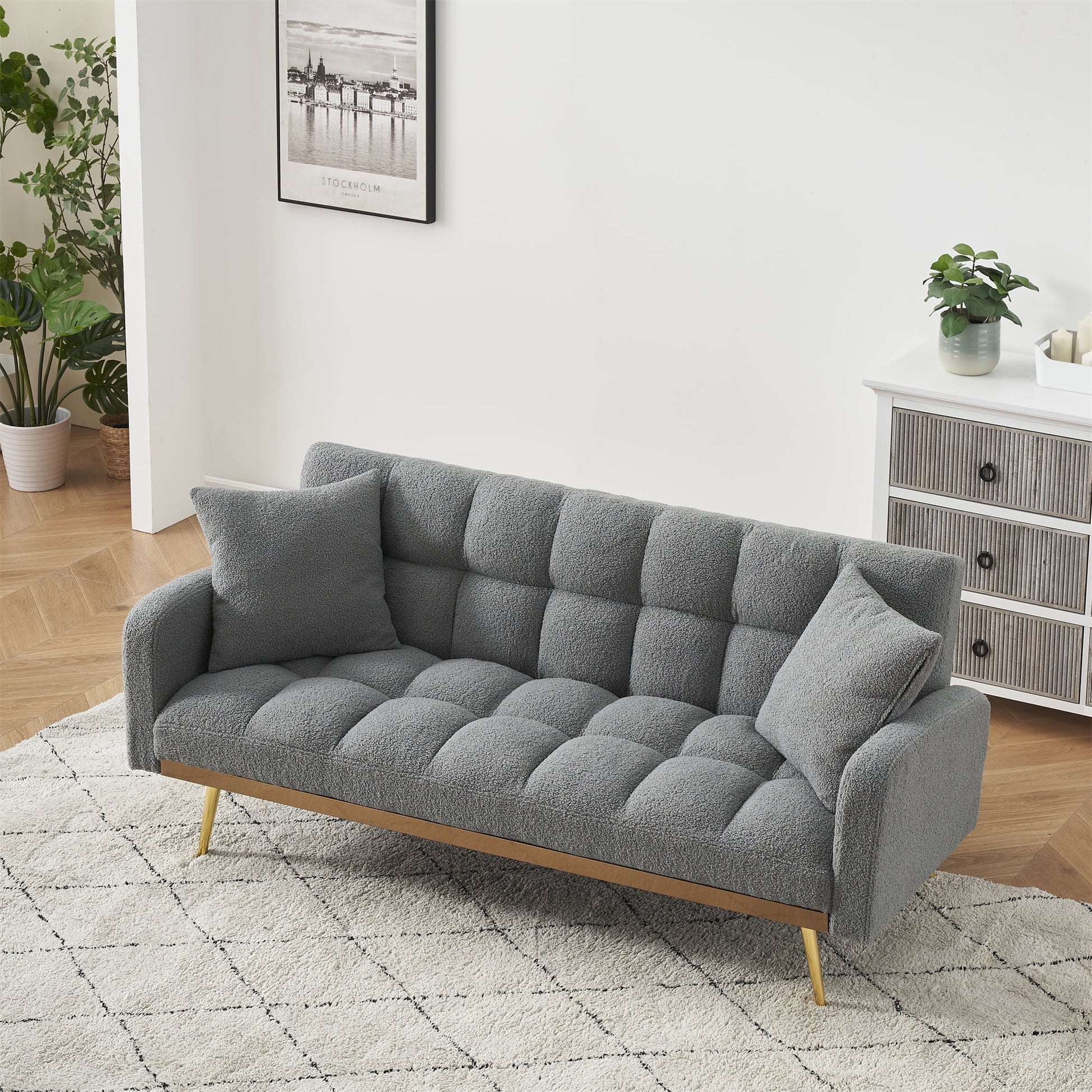 Aukfa Square Tufted Futon Convertible Sofa Bed for Home Office, 2 Pillows, Teddy Fleece, Gray