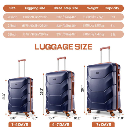 HOTEEL 3 Piece Luggage Sets with Wheels, Hardshell 3 Pc Suitcases with TSA Lock Hardside & Lightweight 3-Piece Hardshell Luggage Sets for Travel 20in 24in 28in, Blue