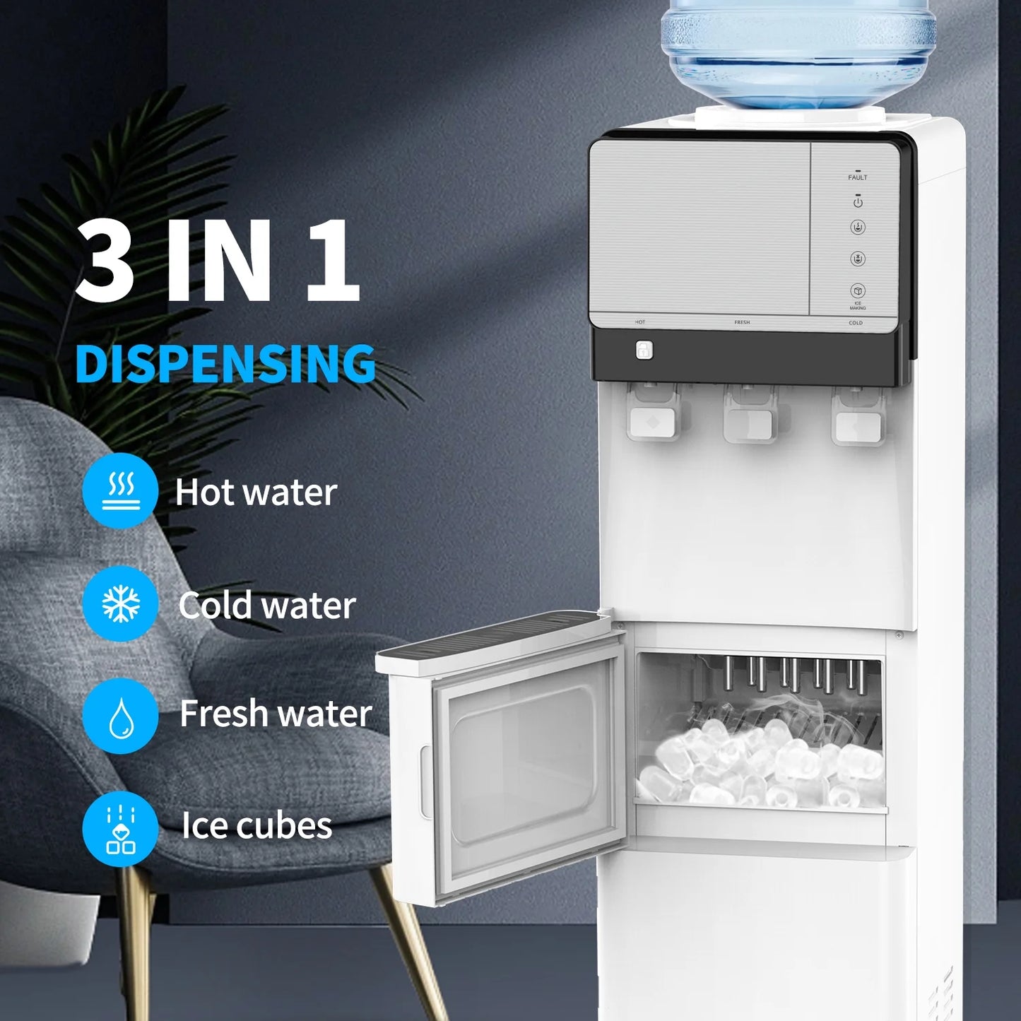 SOOPYK Hot and Cold Water Cooler Dispenser with Ice Maker for 5 Gallon Bottle 27 lbs in 24 hrs Perfect for Home Office white
