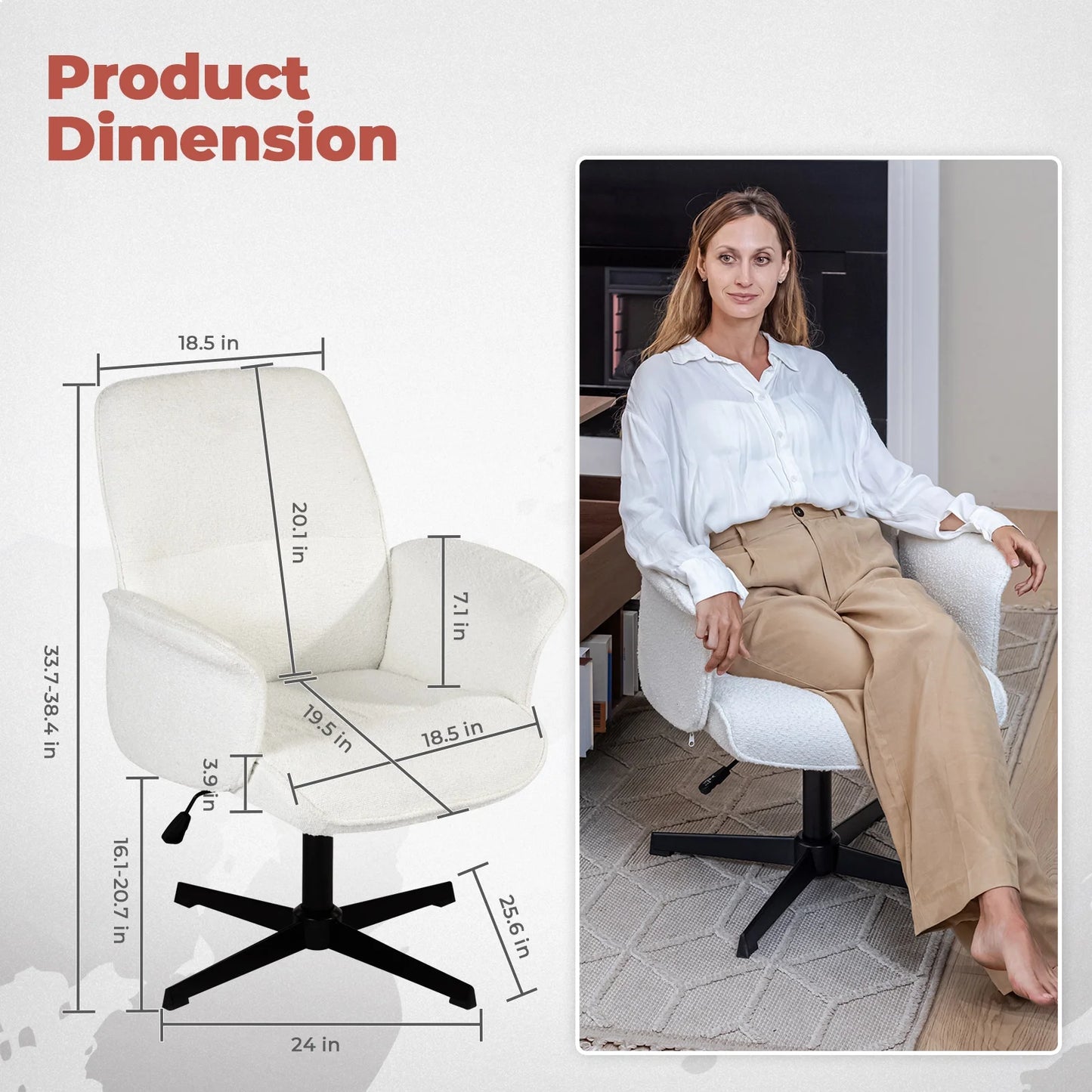 Homy Casa Home Office Desk Chair, Cute Vanity/Makeup Criss-Cross Chair, Upholstered Adjustable Swivel Armchair for Women/Girls