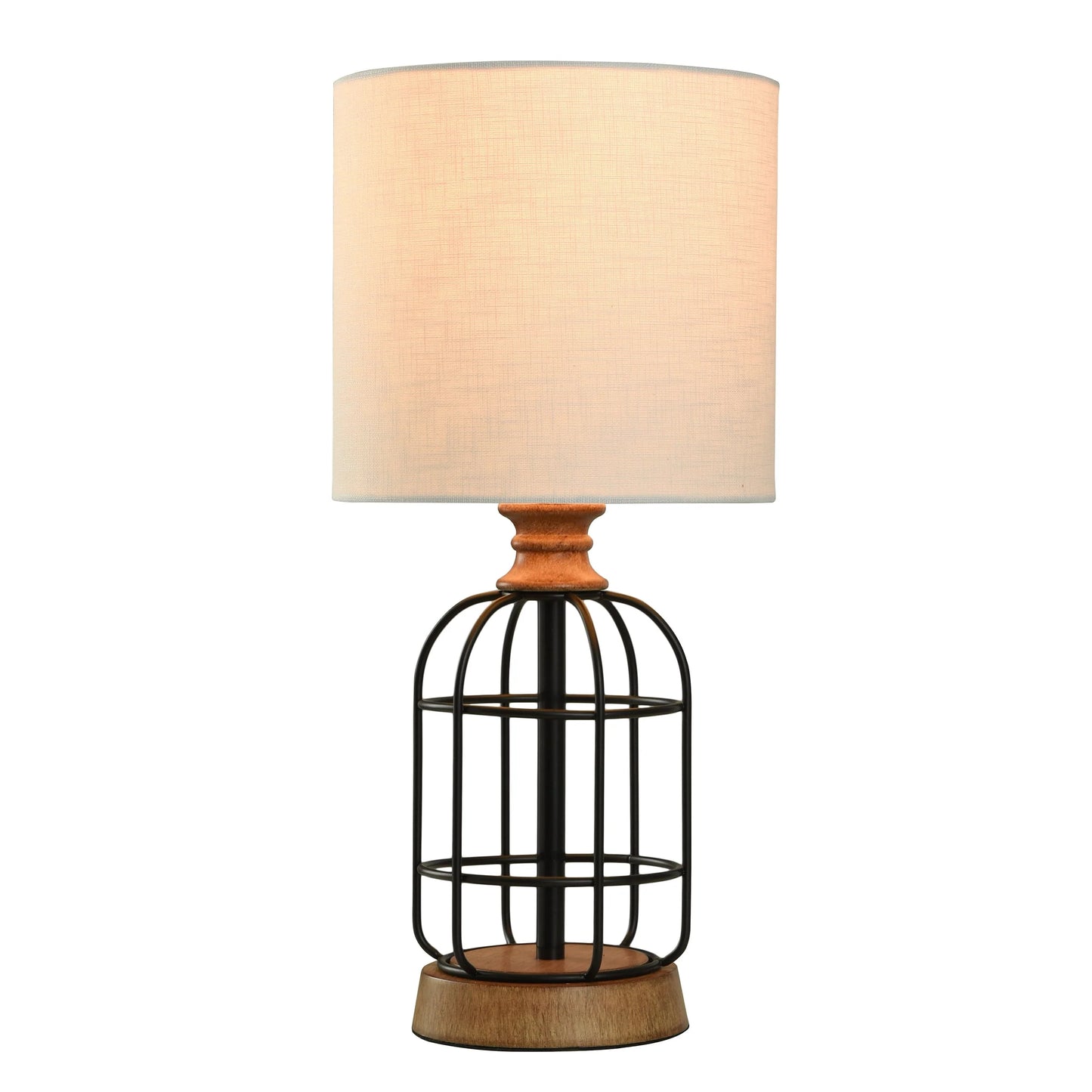 Mainstays Black Metal Cage Table Lamp with Wood Accents and Drum Shade, 17"