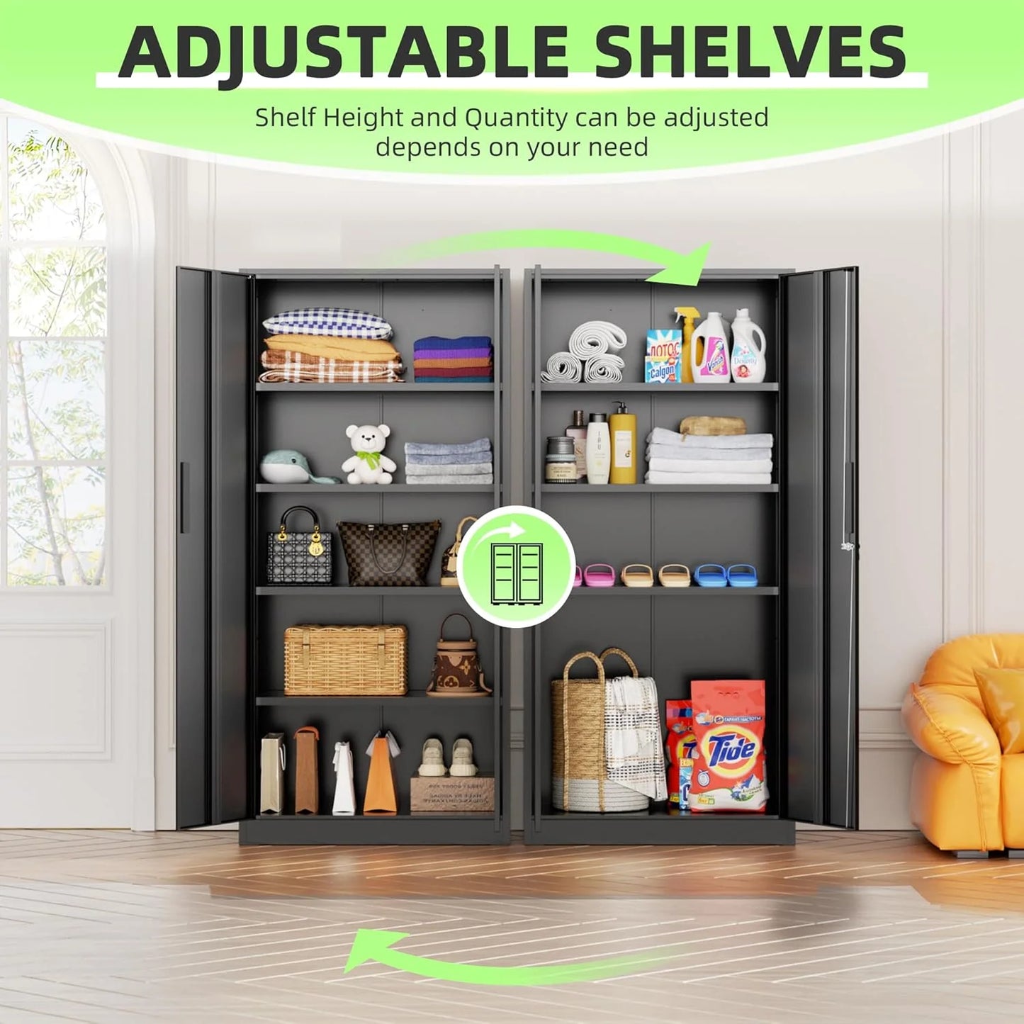 WANBIN 72" Black Metal Storage Cabinet with Lock, 2 Doors & 4 Adjustable Shelves, Tall Steel Cabinet for Home Office, Garage, Warehouse