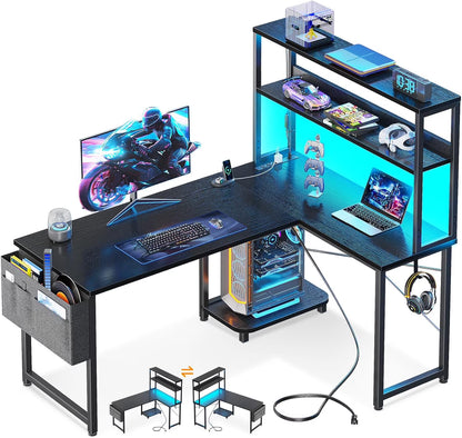 Gaming Desk with Power Outlets & LED Lights, 43 Inch Reversible L Shaped Computer Desk with Shelves & Storage Bag, Corner Desk for Home Office, Black