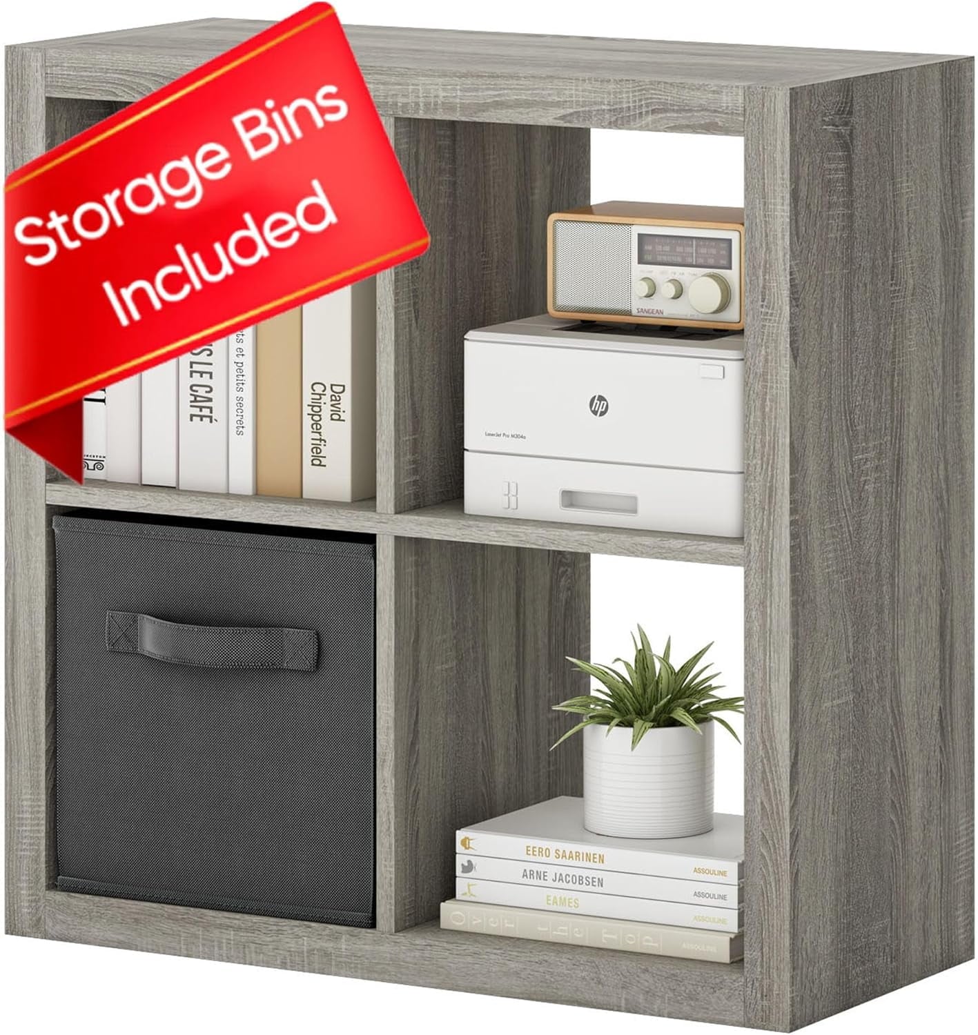 GHooa Bookshelf with Storage Bin, 4-Cube Storage Organizer, Modern Wood Open Bookcase, Multifunctional Display Shelf for Living Room, Bedroom, Home Office-4 Cube-Classic Oak