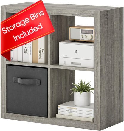 GHooa Bookshelf with Storage Bin, 4-Cube Storage Organizer, Modern Wood Open Bookcase, Multifunctional Display Shelf for Living Room, Bedroom, Home Office-4 Cube-Classic Oak