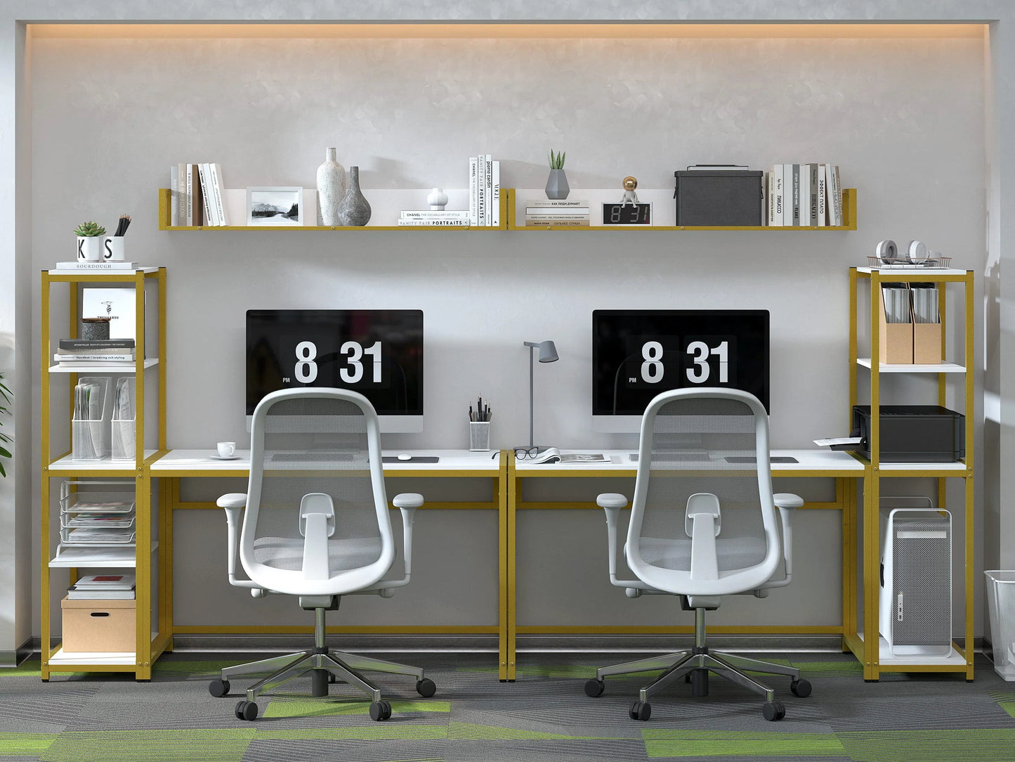 Yoneston 47" Office Computer Desk with 5 Tier Storage Shelves, Reversible Writing Desk Workstation with DIY Bookshelf and Tower Shelf for Home Office Corner Desk, White
