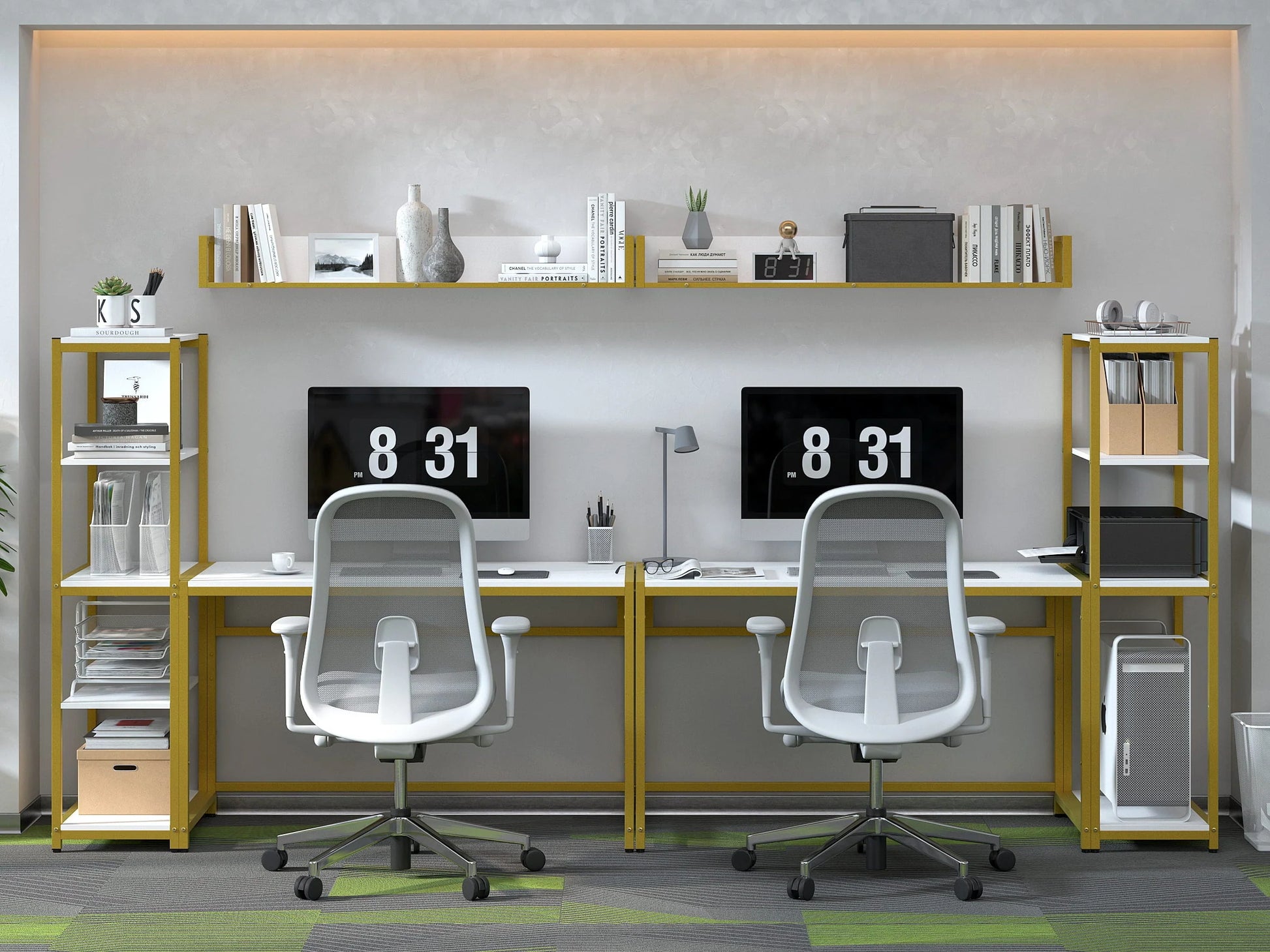 Yoneston 47" Office Computer Desk with 5 Tier Storage Shelves, Reversible Writing Desk Workstation with DIY Bookshelf and Tower Shelf for Home Office Corner Desk, White