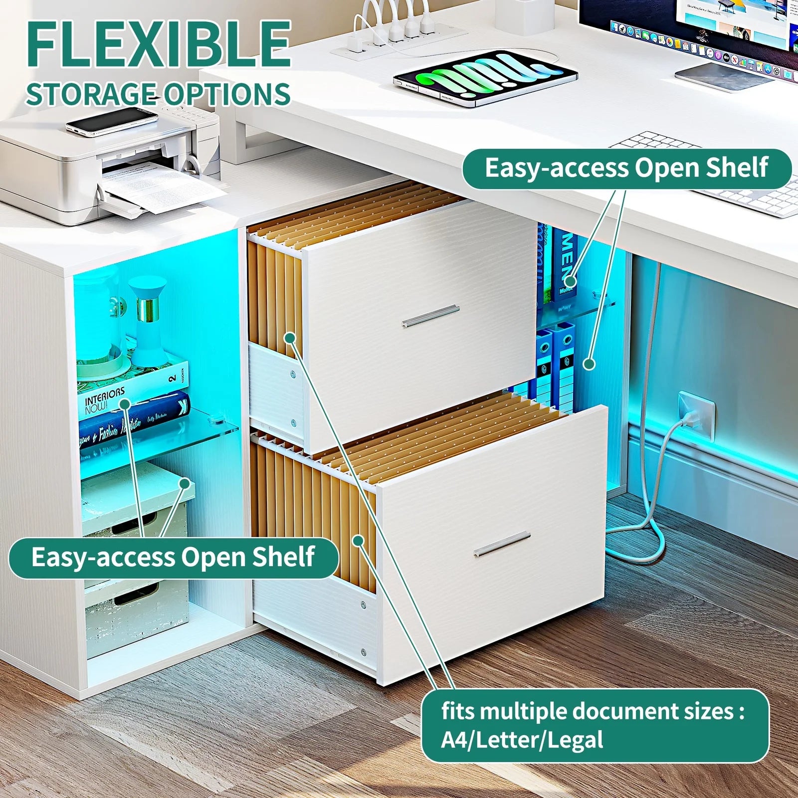 AGRTY55 inch reversible L-shaped office desk with power socket and filing cabinet - multifunctional computer desk with LED lights, modern design, space saving, suitable for home office