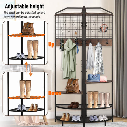 XXLYY Corner Coat Rack with Shoe Storage, Multifunctional Entryway Corner Shoe Rack with 14 Metal Hooks, Freestanding Corner Hall Tree Shelf Organizer for Home Office Bedroom