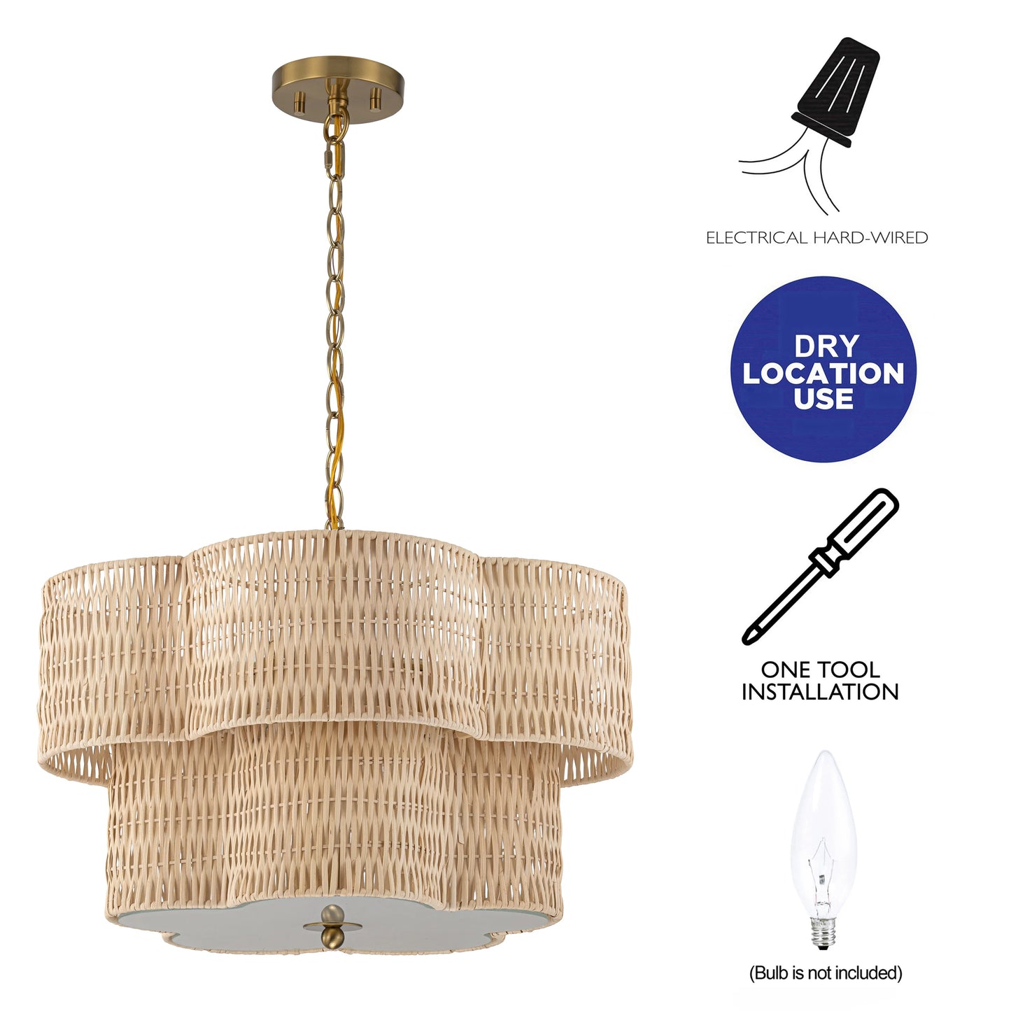 C Cattleya 20" 5-Light Natural Rattan Chandelier with 2-Tier Hand Woven Flower-Shaped Shade