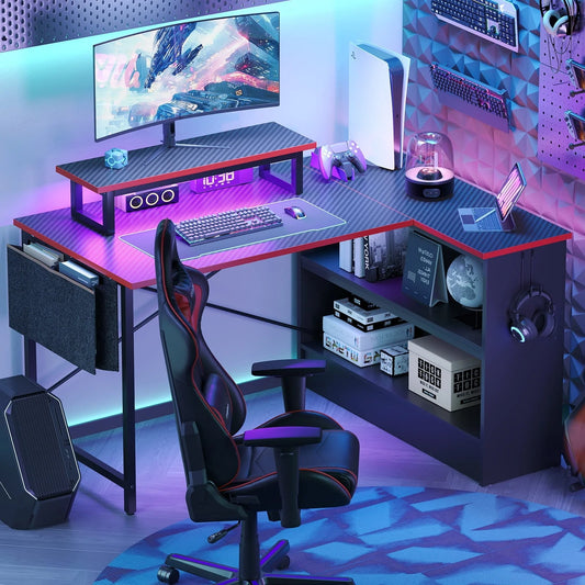 Bestier 42" L-shaped Computer Desk with Shelves LED Gaming Desk Corner Desk for Home Office, Carbon Fiber
