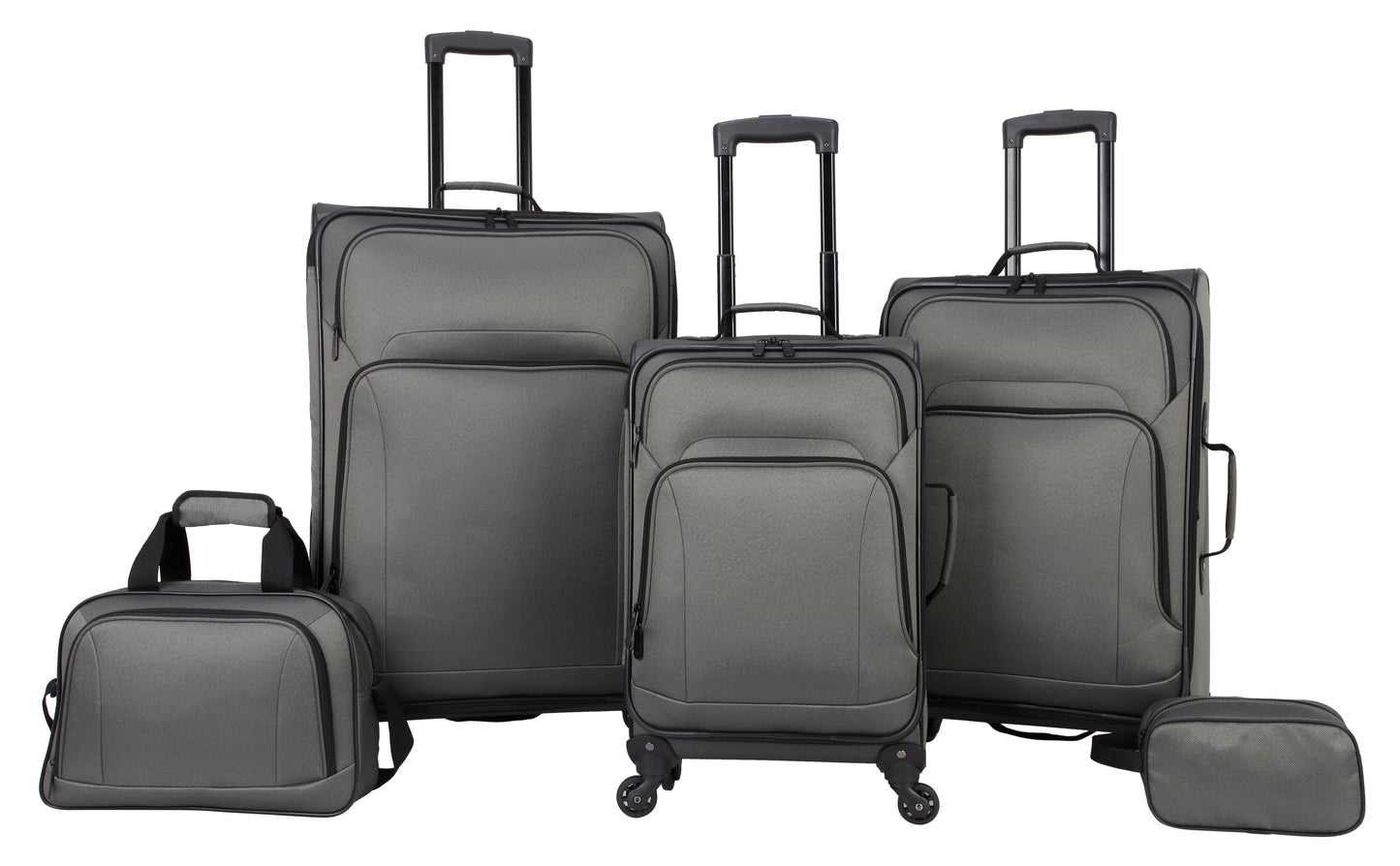 Protege 5 Piece Spinner Luggage Set, Includes 28 in Checked, 24 in Checked Bags, 20 in Carry-on, 15 in Boarding Tote and Matching Utility Bag, All Ages, Grey