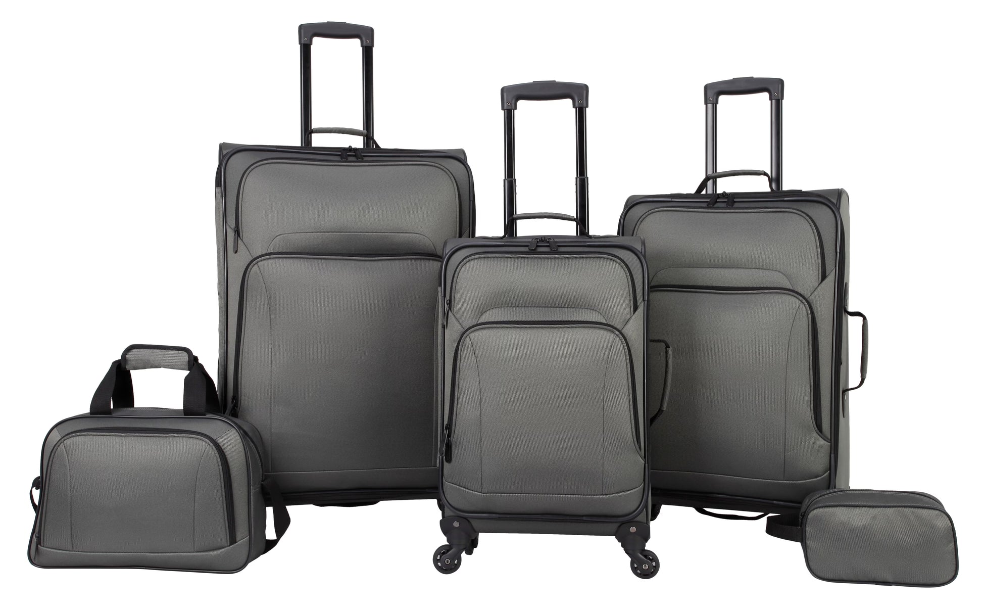 Protege 5 Piece Spinner Luggage Set, Includes 28 in Checked, 24 in Checked Bags, 20 in Carry-on, 15 in Boarding Tote and Matching Utility Bag, All Ages, Grey